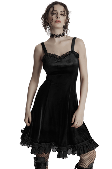 Dark Gothic Velvet Dress with Lace Trim and Frills